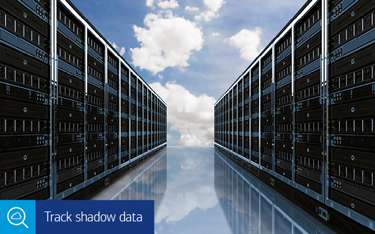 “Track shadow data” Data servers in front of a blue sky with white clouds.